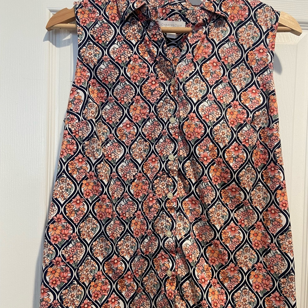 Charter Club Navy and Coral Floral Sleeveless Button-Front Blouse